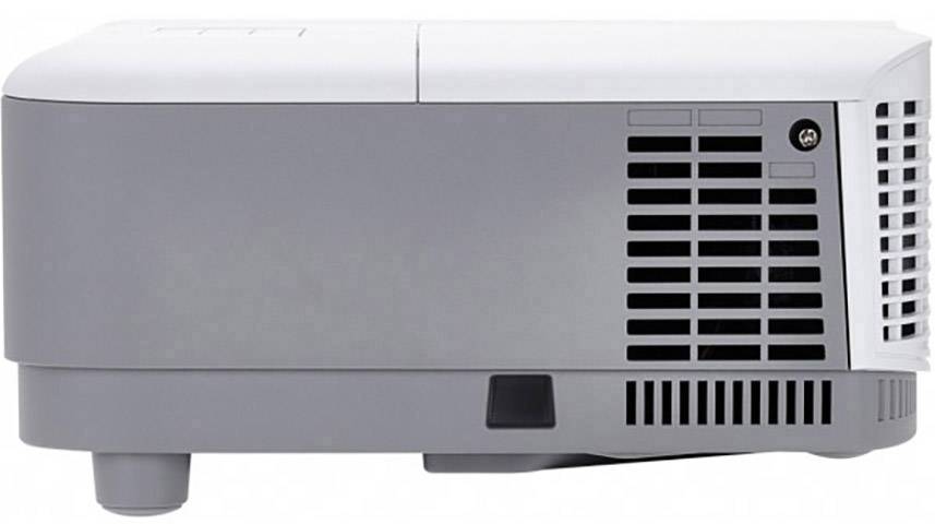 Side view of a grey and white projector with ventilation slots.