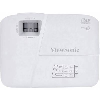 A white ViewSonic projector with control buttons and a zoom lens. Suitable for presentations or home use.