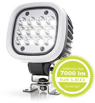 Round LED headlight, arranged in a square configuration, with 16 LEDs. Text beside the headlight: 'luminous flux 7000 lm, full LED, focused light'.