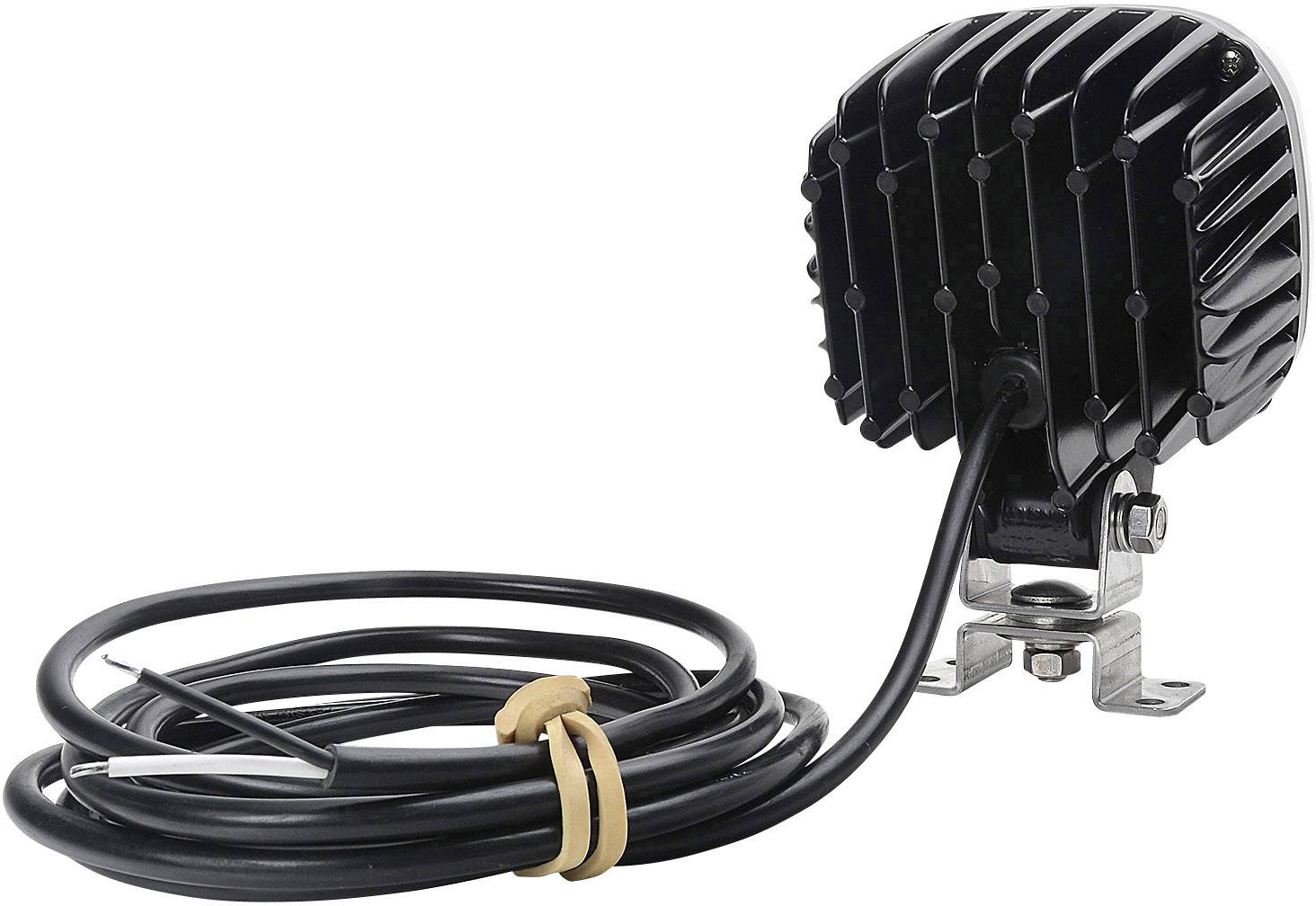 Black LED work light with cable and mounting bracket, showing the rear side with heat sinks. Suitable for outdoor use.