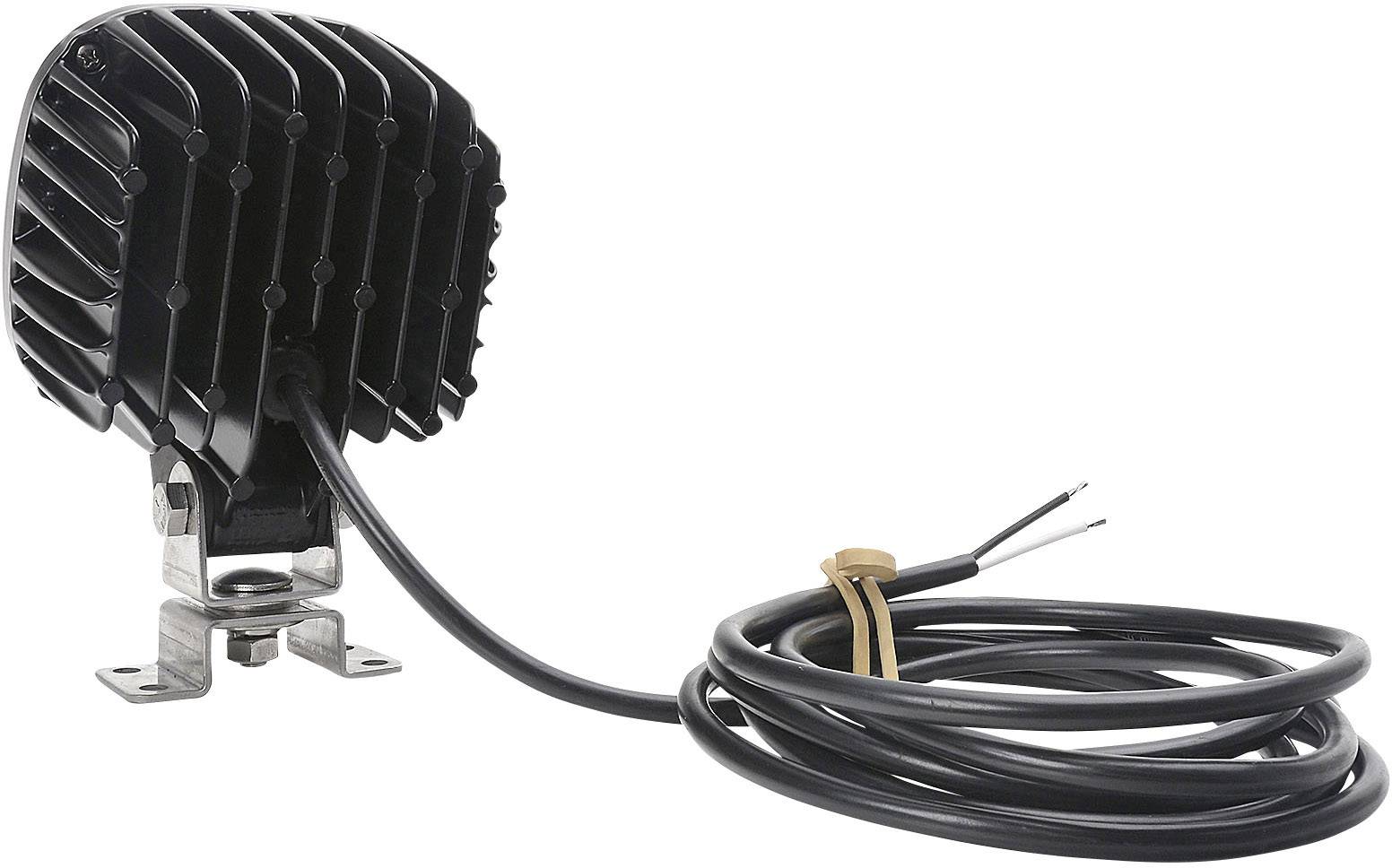 A black LED headlamp with cooling fins, mounted on a metal bracket. Beside it is a long, black cable.