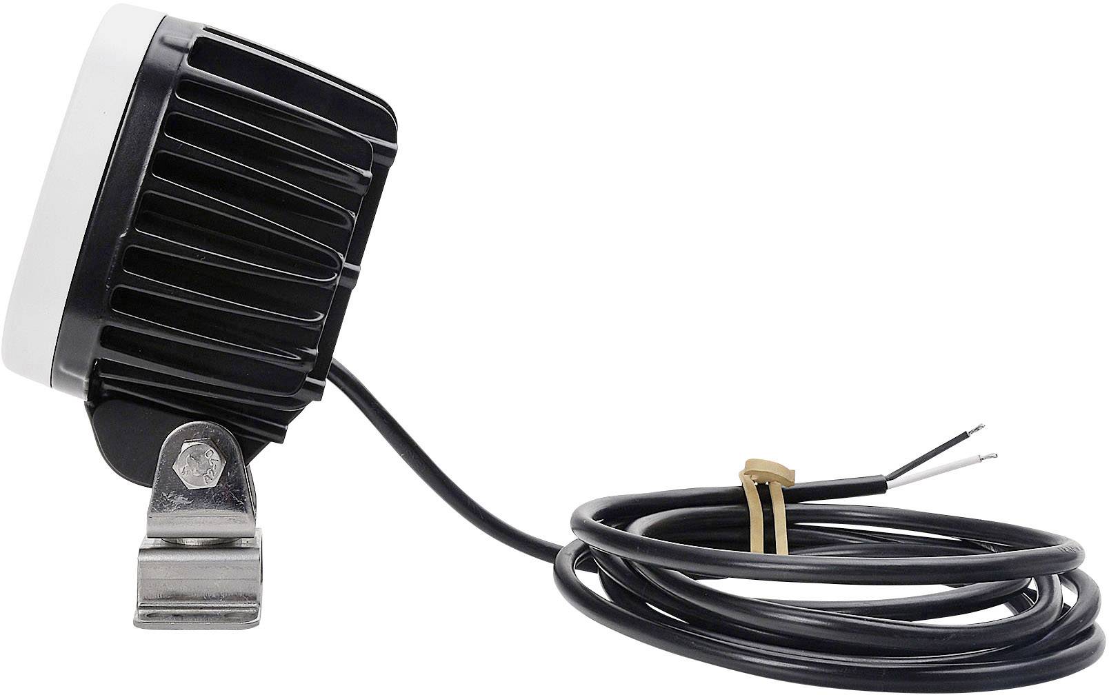 Round LED headlight with cooling fins, mounted laterally. One cable with two wires leads away from the housing. Suitable for vehicles.