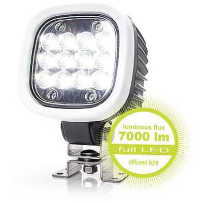 A LED work light with 9 illuminating diodes, luminous flux 7000 lumens. Text in image: 'luminous flux 7000 lm, full LED, diffused light'.