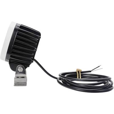 Black LED headlamp with cooling fins, mounted sideways. One cable is connected, suitable for outdoor lighting.