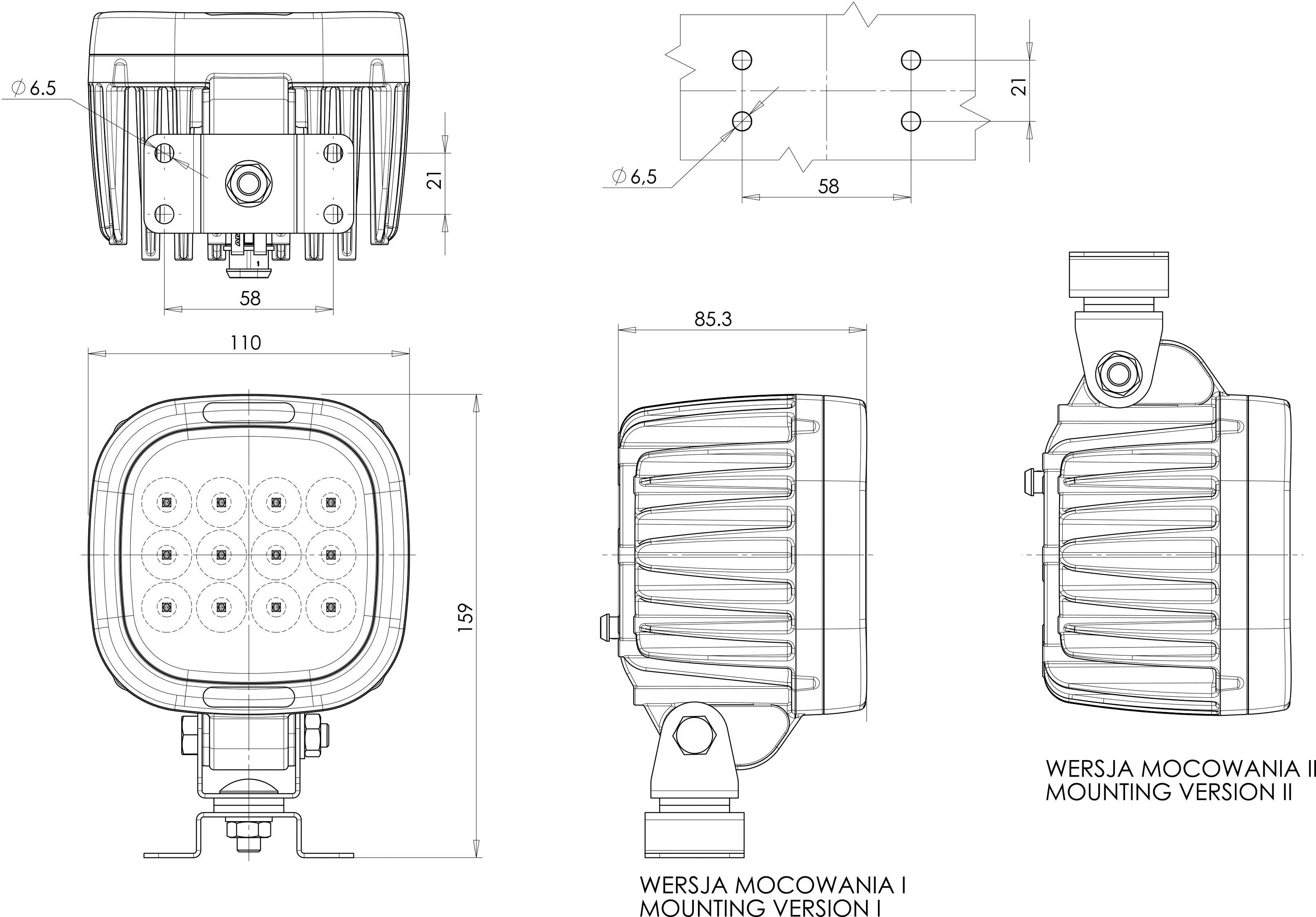 Technical drawing of a lamp with two mounting versions, showing side and front views, dimensions specified in millimetres.