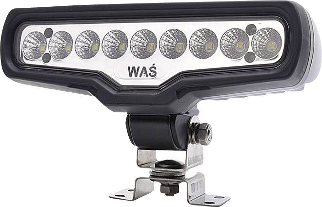 LED light with nine round white LEDs in a black housing, mounted on a metal bracket. Marking 'WAŚ'.