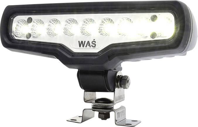 LED work light with black housing, mounted on metal bracket, illuminating in bright white.