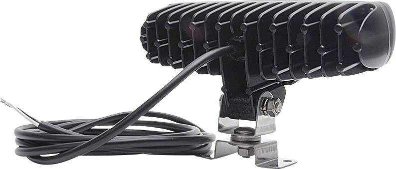 A black LED work light with a robust housing and cable, mounted on a metal bracket, side view.