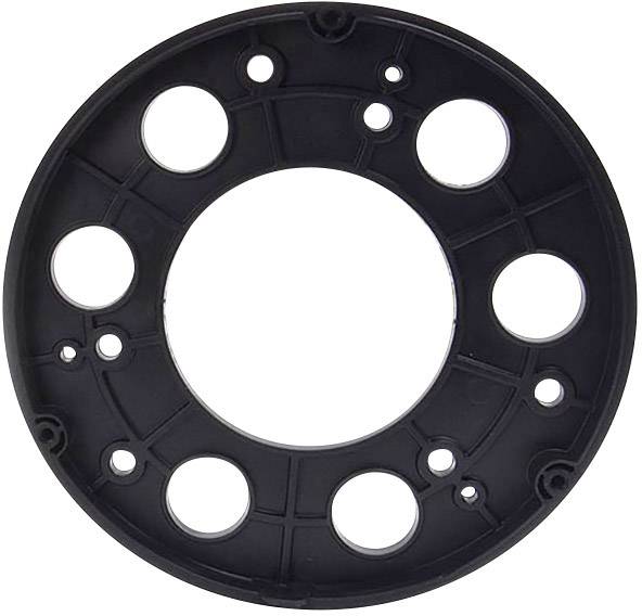 A round, black plastic component with multiple holes of varying sizes, likely a mounting bracket or seal.