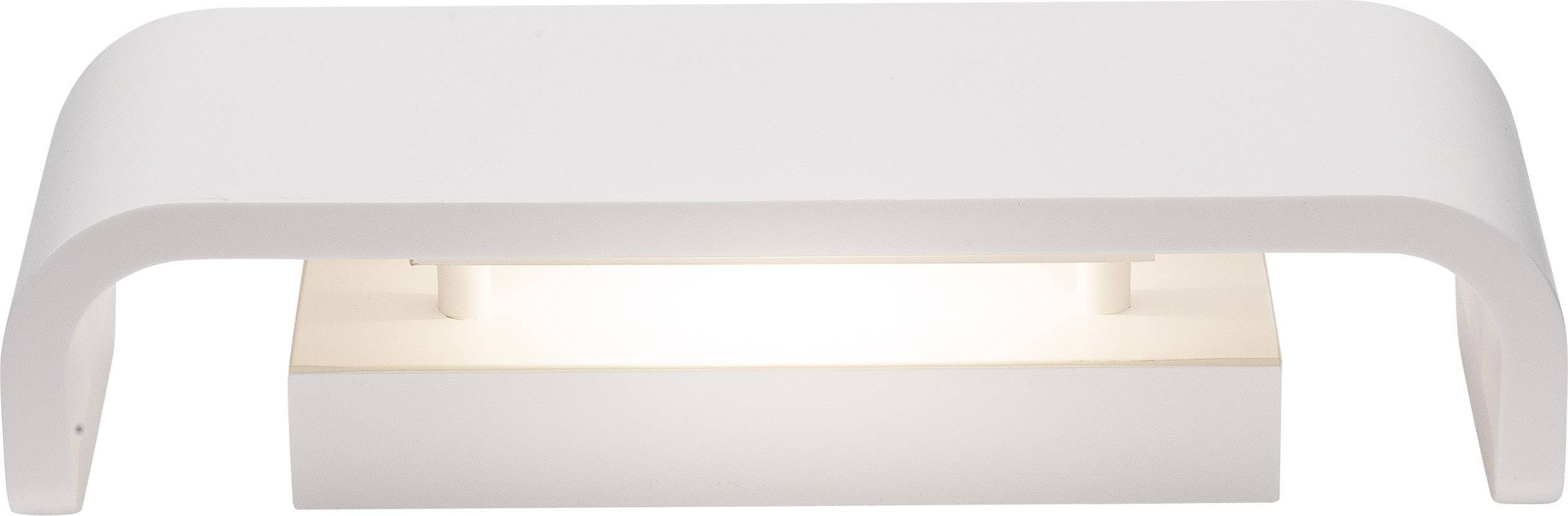 White wall light with simple, modern design, rectangular with rounded edges, illuminating from below.