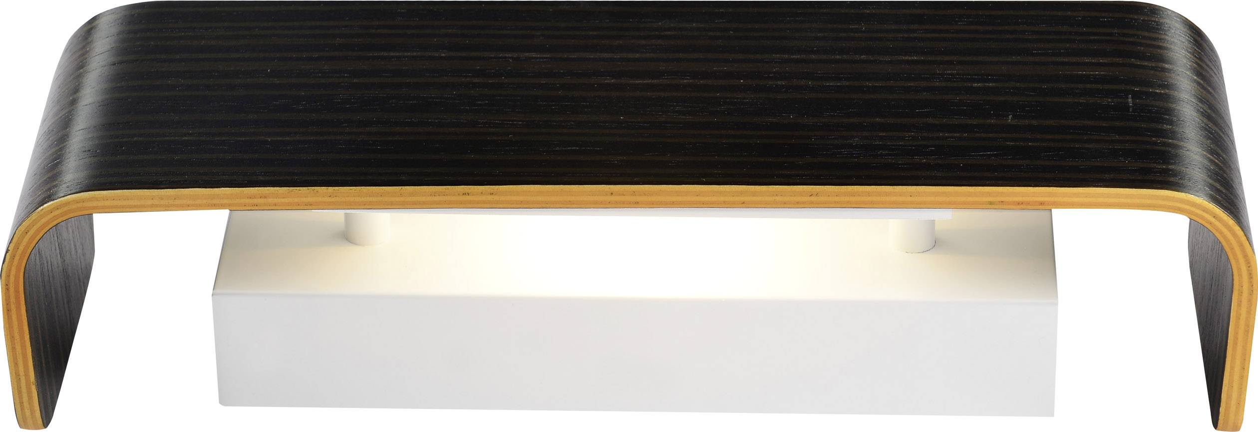 Flat, contemporary wooden table lamp with a curved frame in a dark wood finish, illuminated white base, minimalist design.