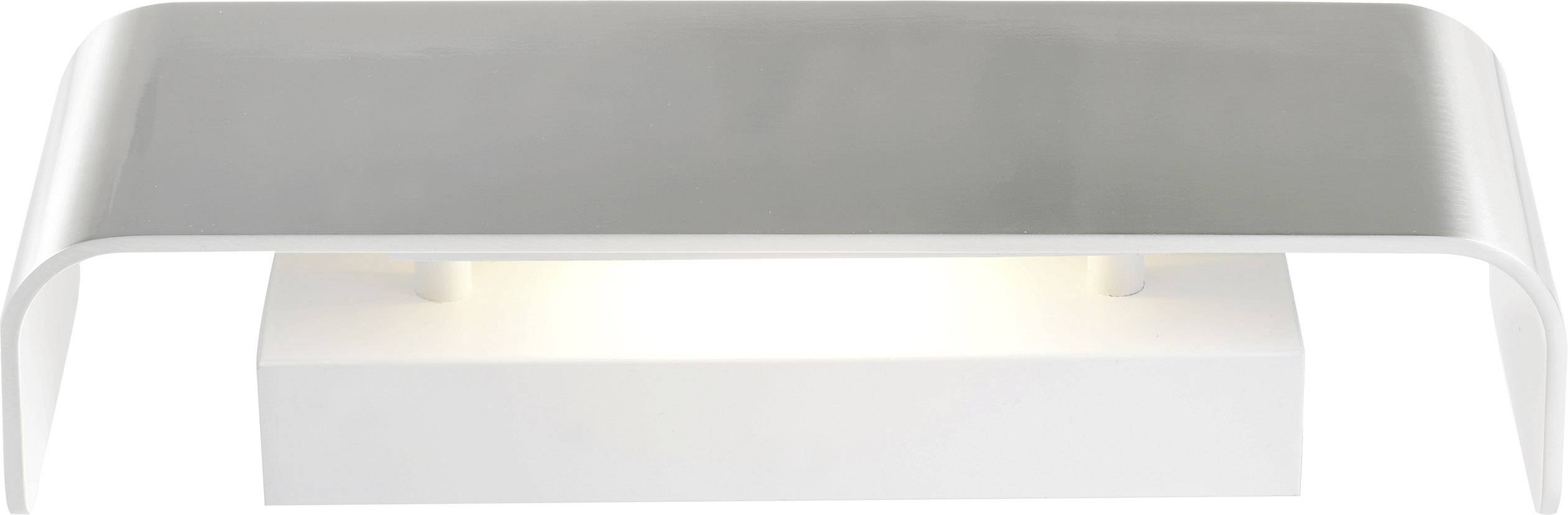 A contemporary, silver wall light with a curved design. It emits a soft downward light, perfect for elegant interiors.