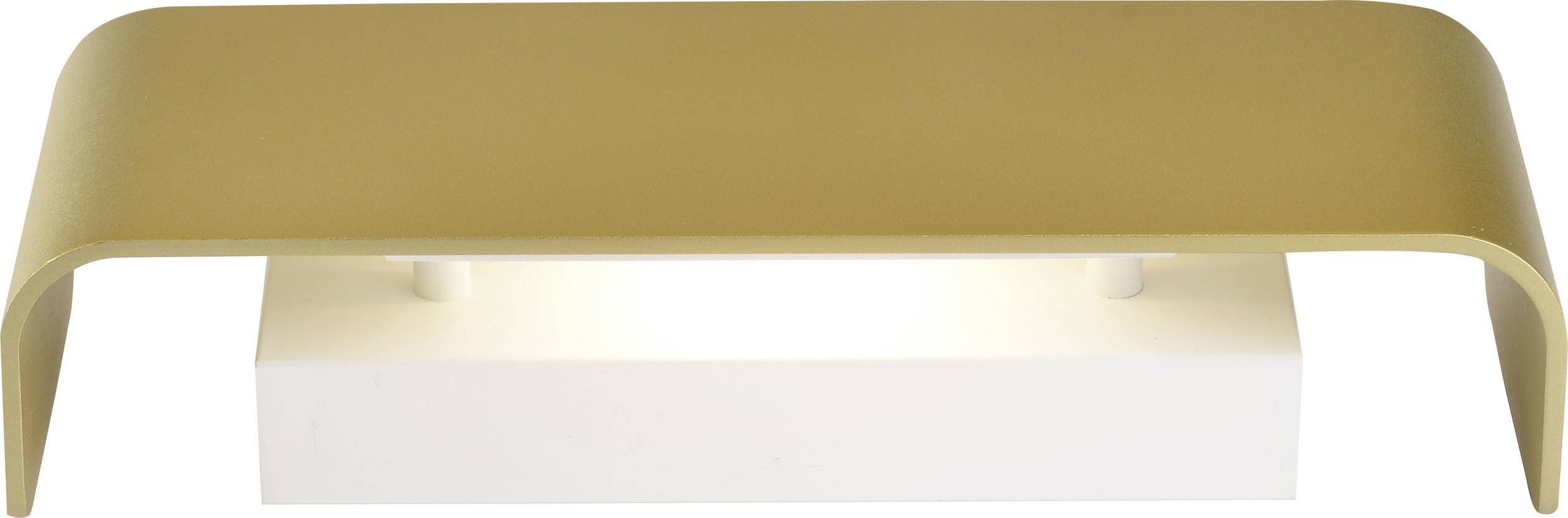 Modern wall lamp with golden overhang and white base; indirect light radiates downwards.