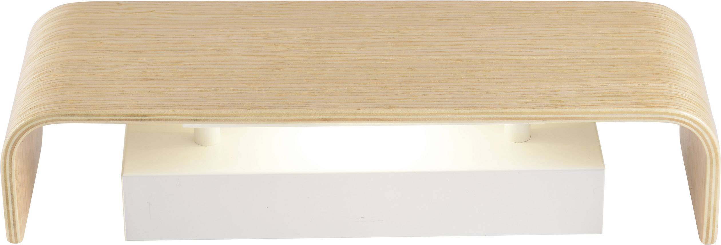 A modern wall light with a curved wooden design and a white light box beneath. Ideal for stylish illumination.