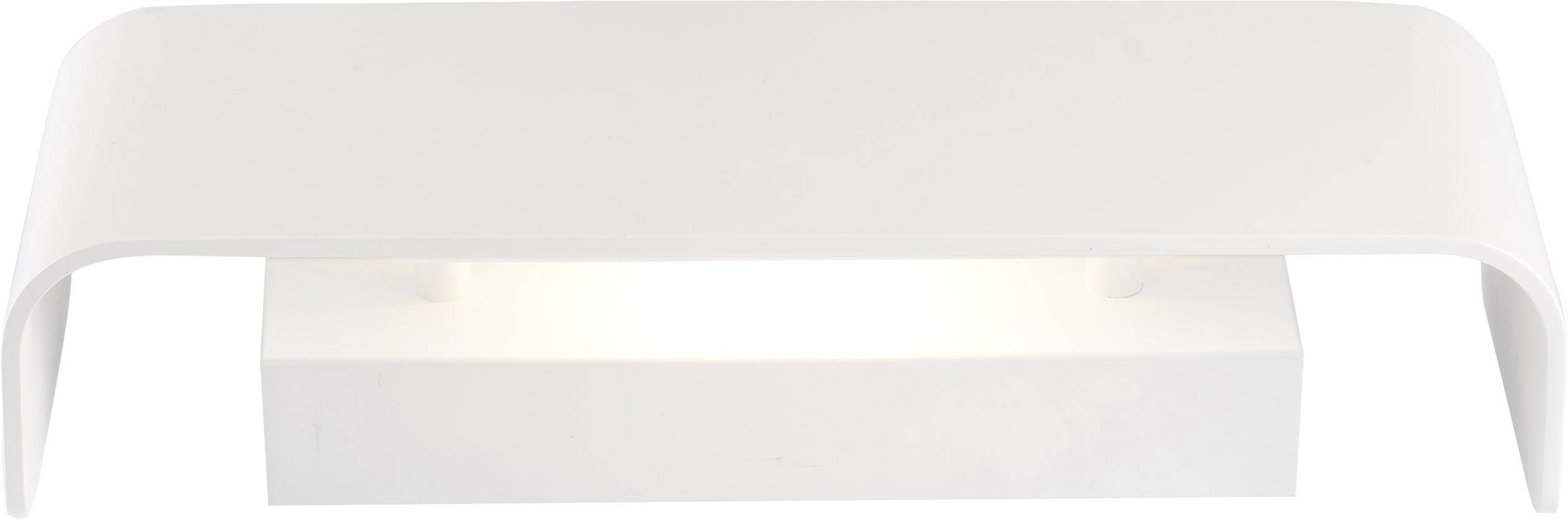 White, rectangular wall light with a rounded, wide frame. Casts light downwards. Simple, modern design.