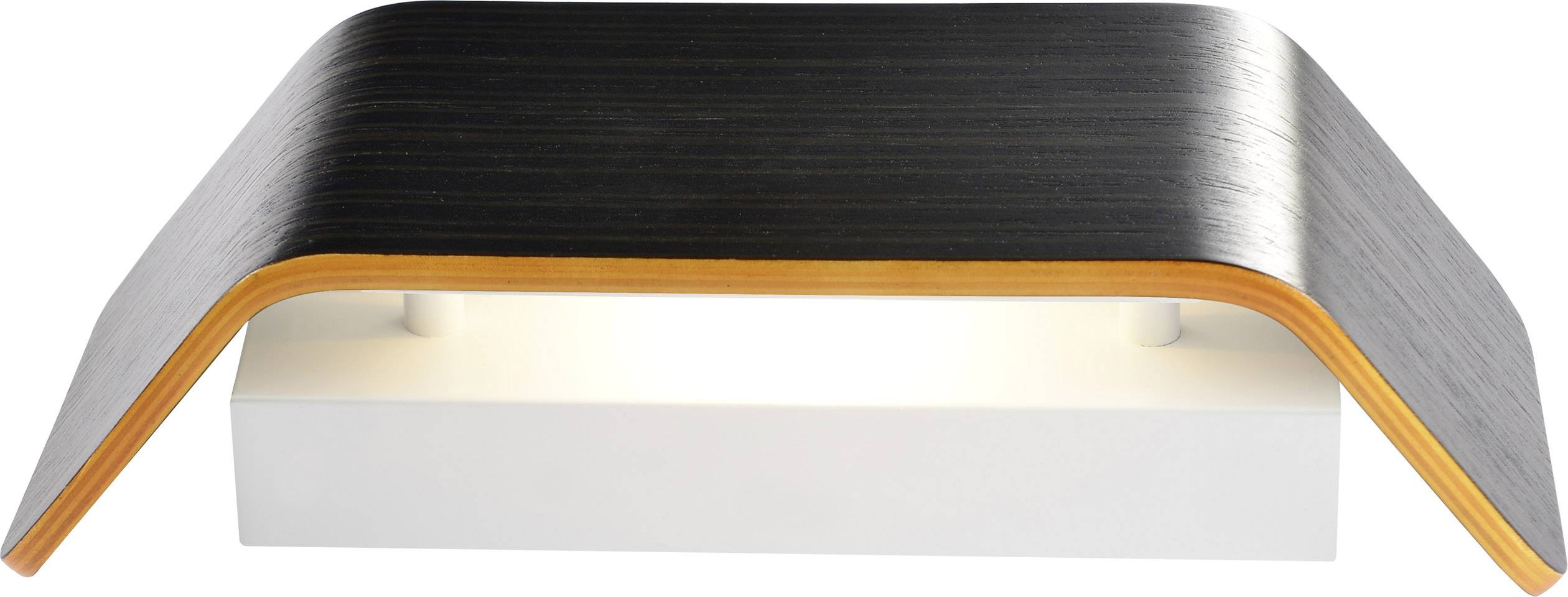 Modern wall light with a curved wooden design in black and brown, illuminating downwards and creating warm light.