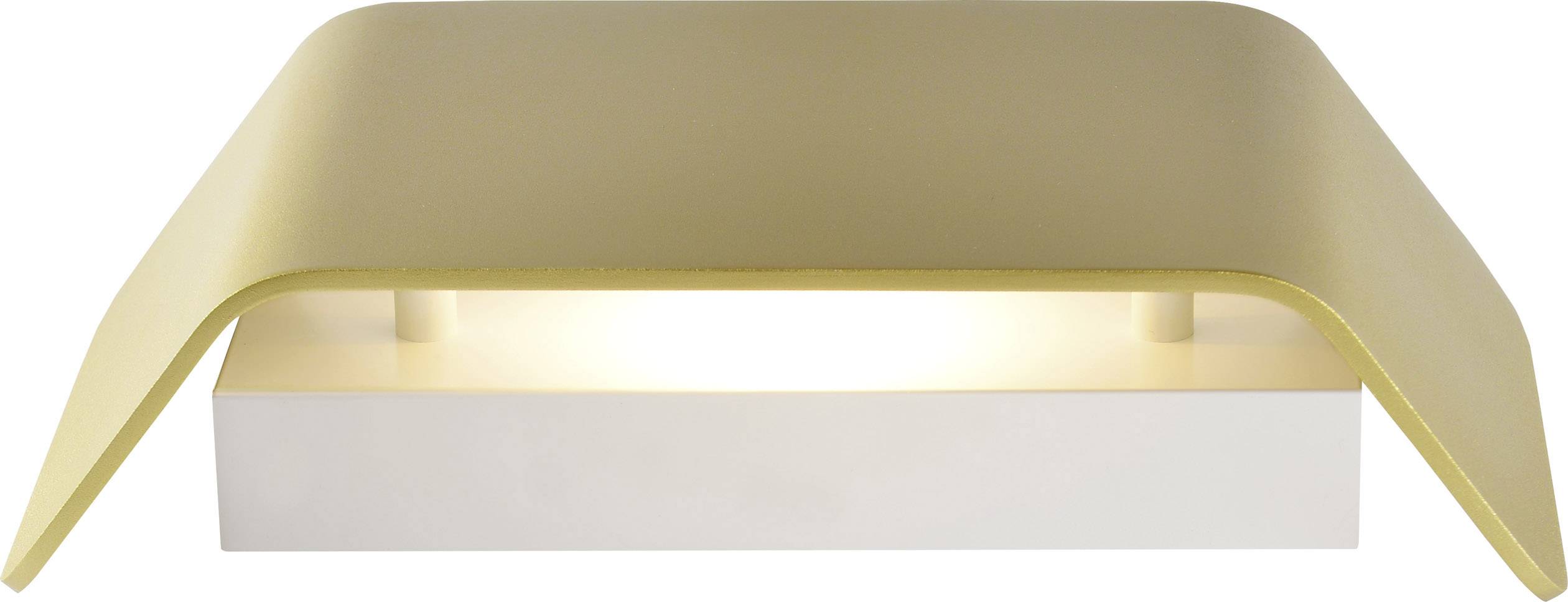Golden, modern wall light with a rectangular, curved shade. It shines downwards onto a white base and creates warm light.