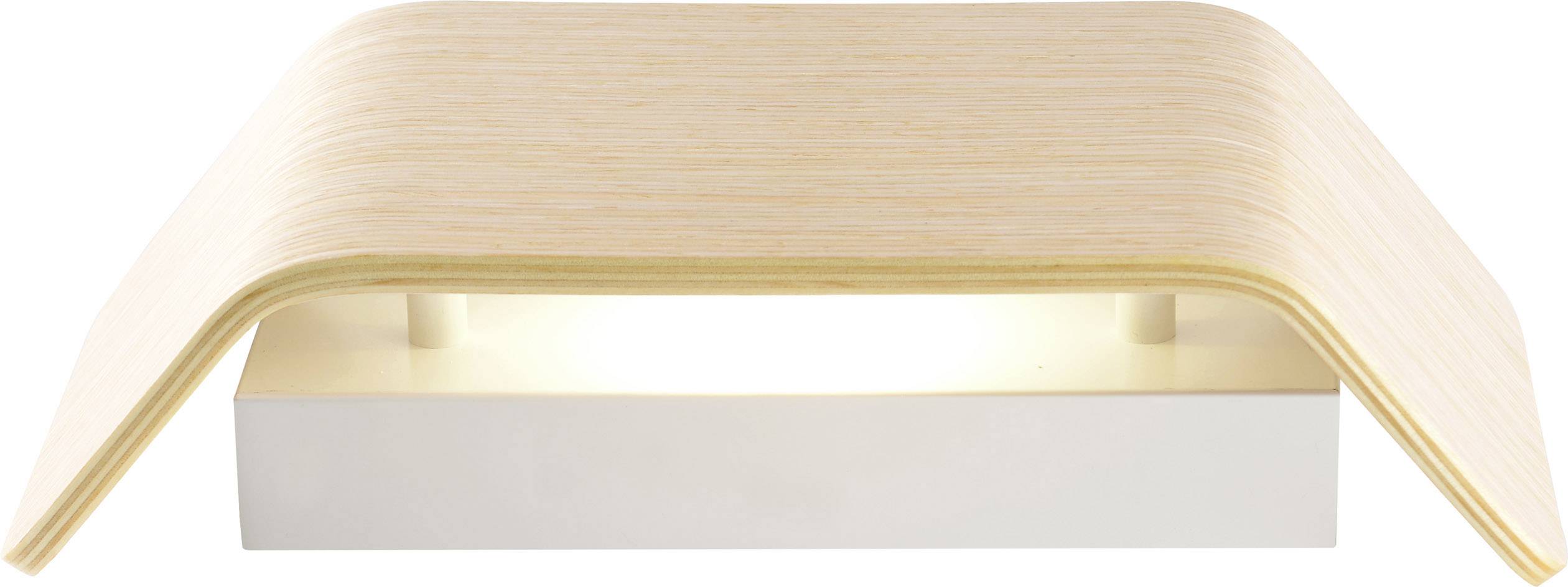 Modern wall lamp with a curved wooden shade and a rectangular white base. It provides soft, diffused light.