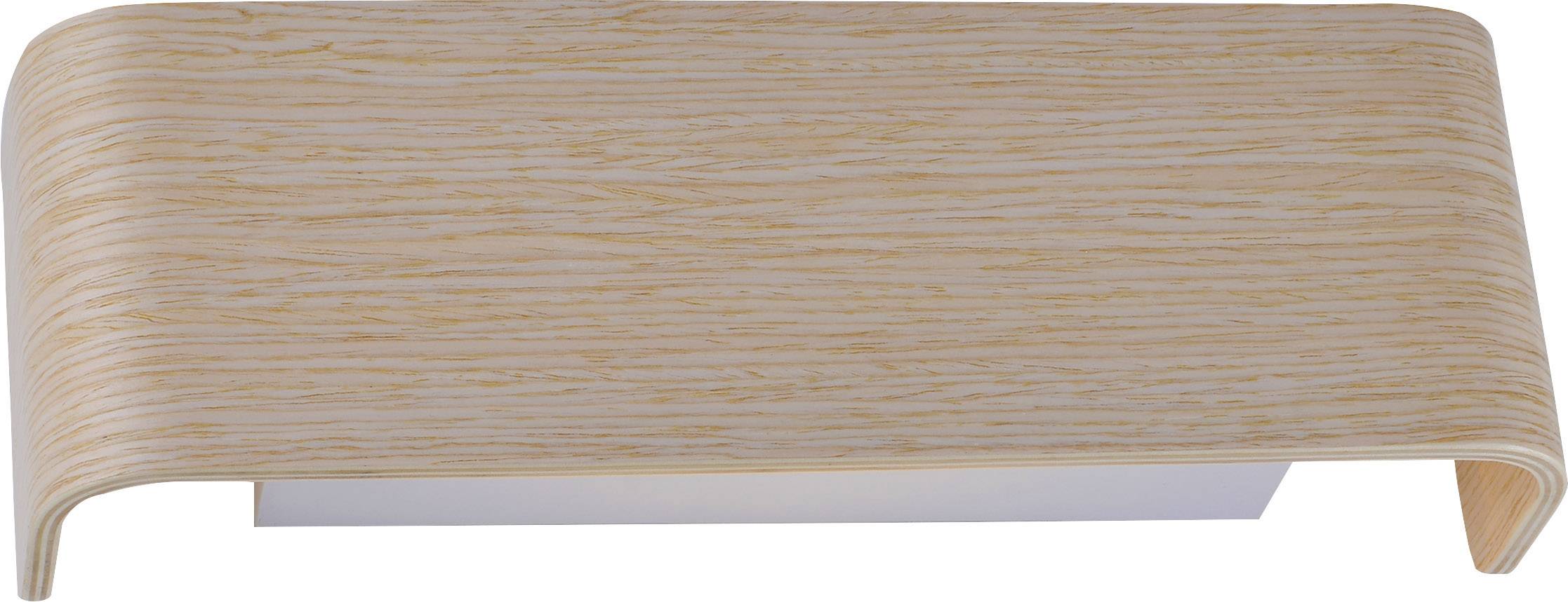 A modern wall light with a curved, wood-like shade that illuminates downwards; suitable for subtle interior lighting.
