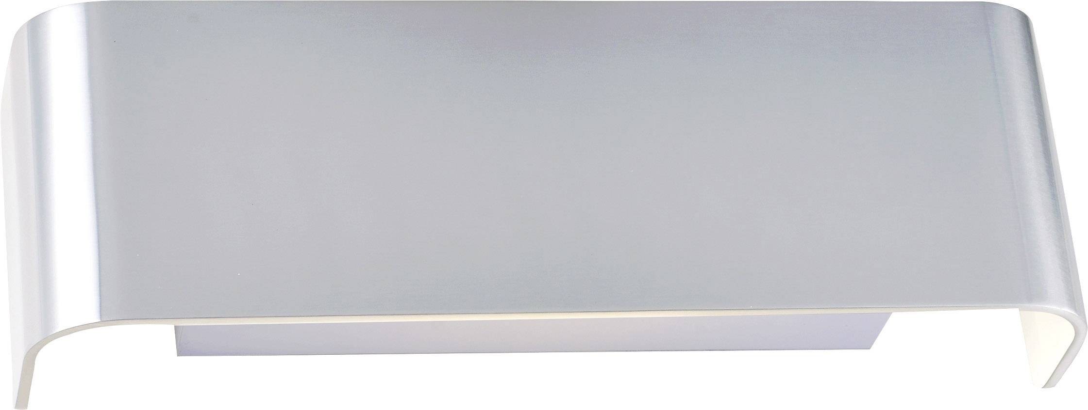 Modern, rectangular wall light made of curved metal with uniform light distribution upwards and downwards.