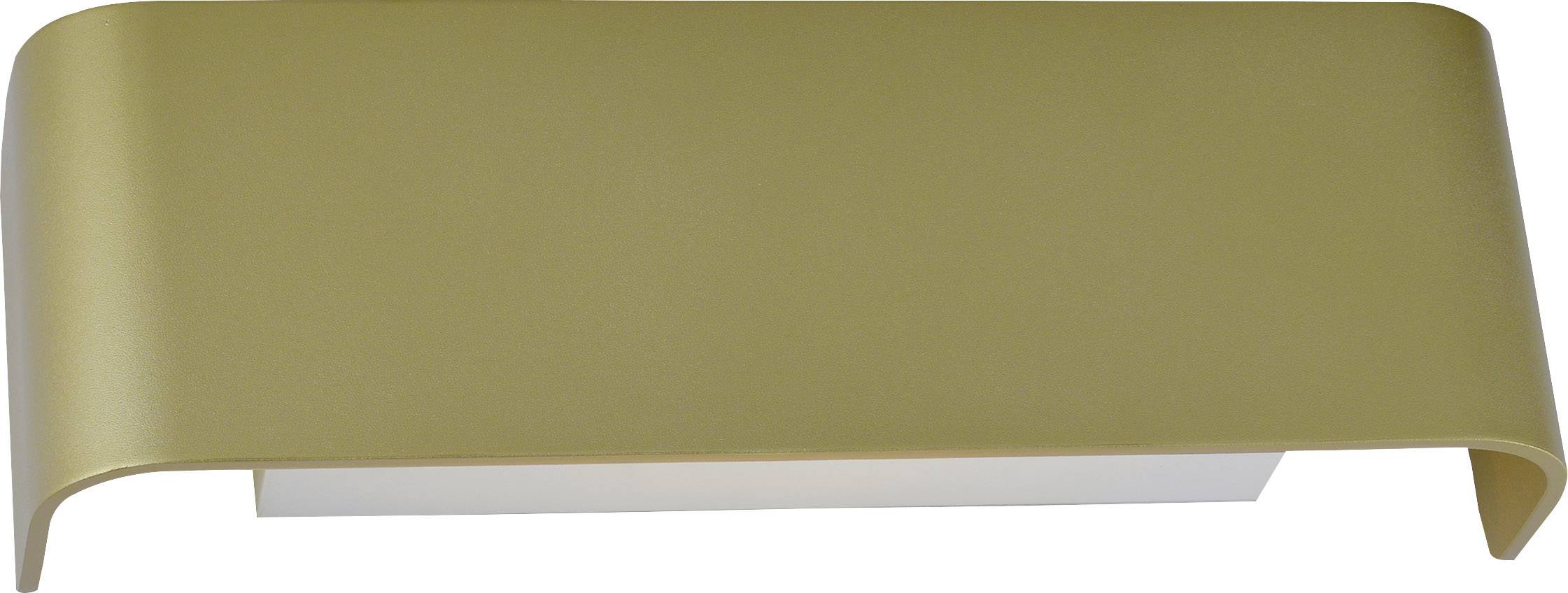 Golden wall lamp with curved, modern design.