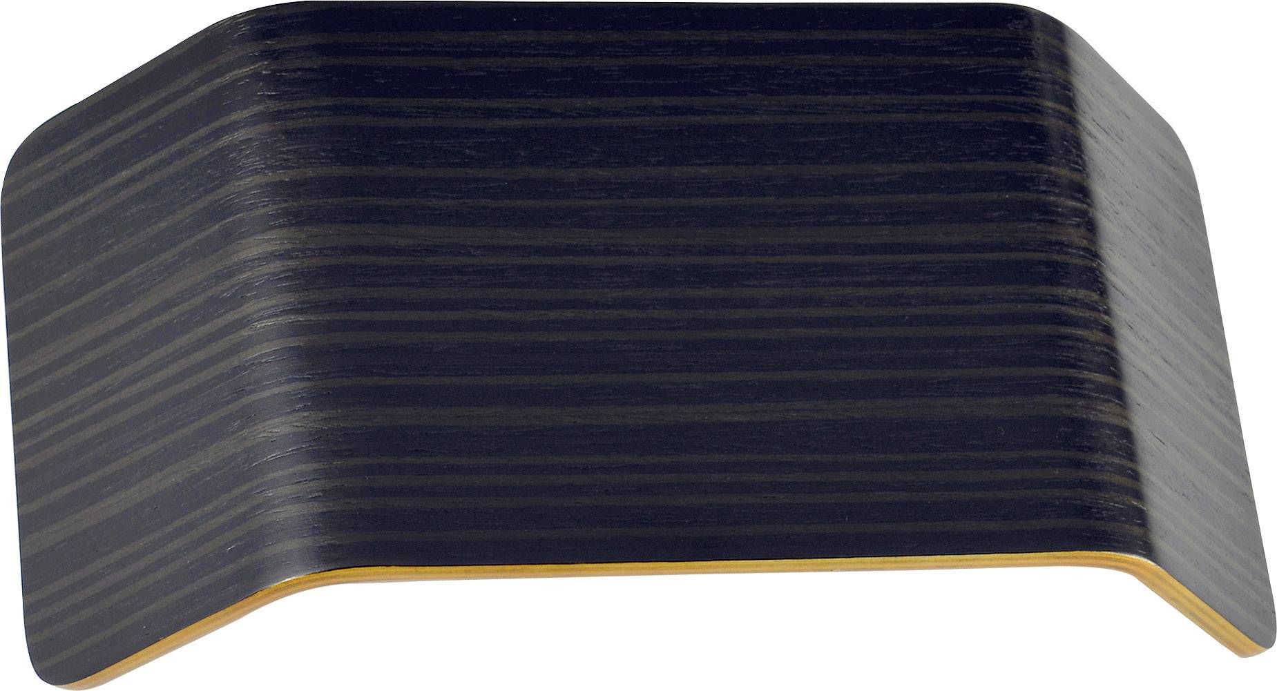 A rectangular, curved wall shelf in a dark wood finish with a yellow interior.