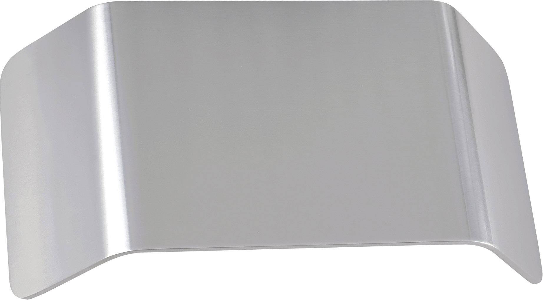 A metal part with a curved shape, silver-coloured, on a neutral background.