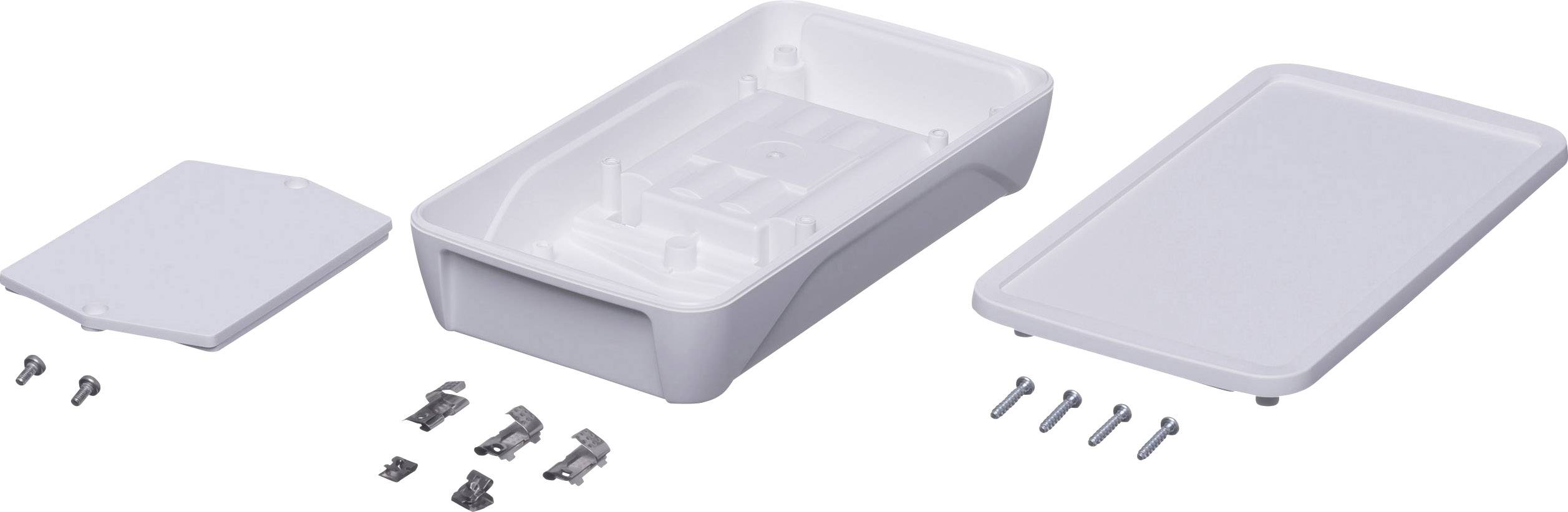 A white enclosure set with removable covers, screws, and brackets, shown as individual components on a table.