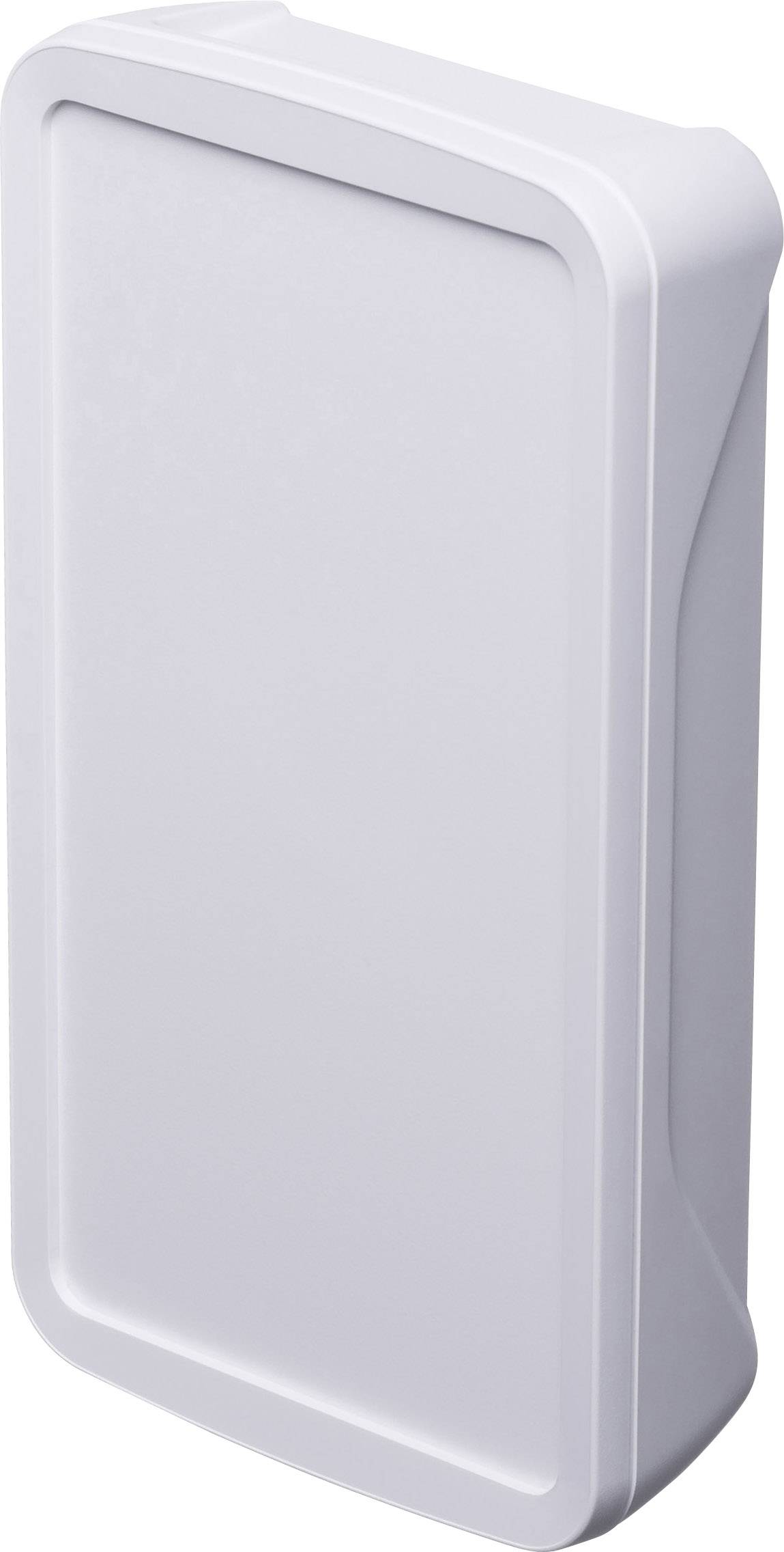 A white, rectangular, vertical plastic enclosure for electronic devices, with rounded corners.