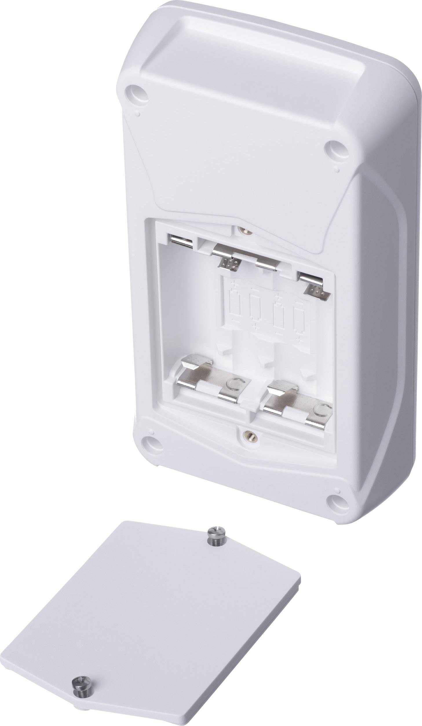 White, rectangular remote control or small device with an open battery compartment and removed back cover.