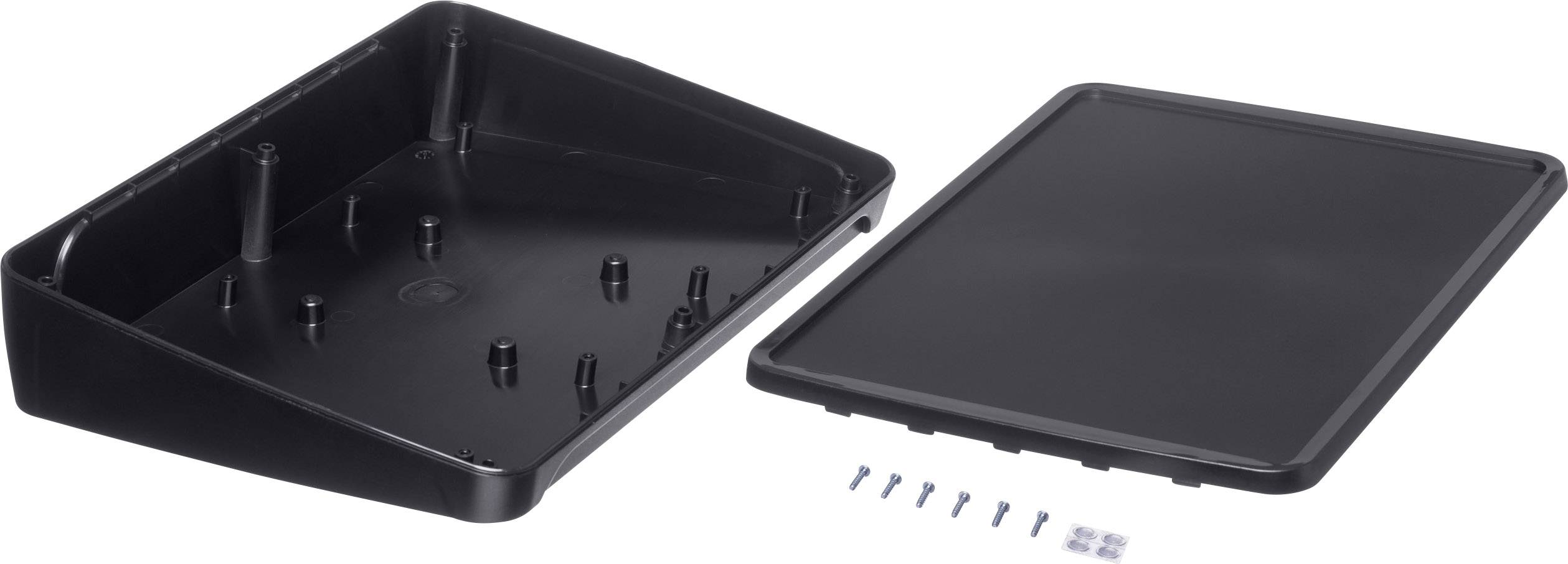 A black plastic enclosure, consisting of a lower housing section and a removable cover, is supplied with screws.