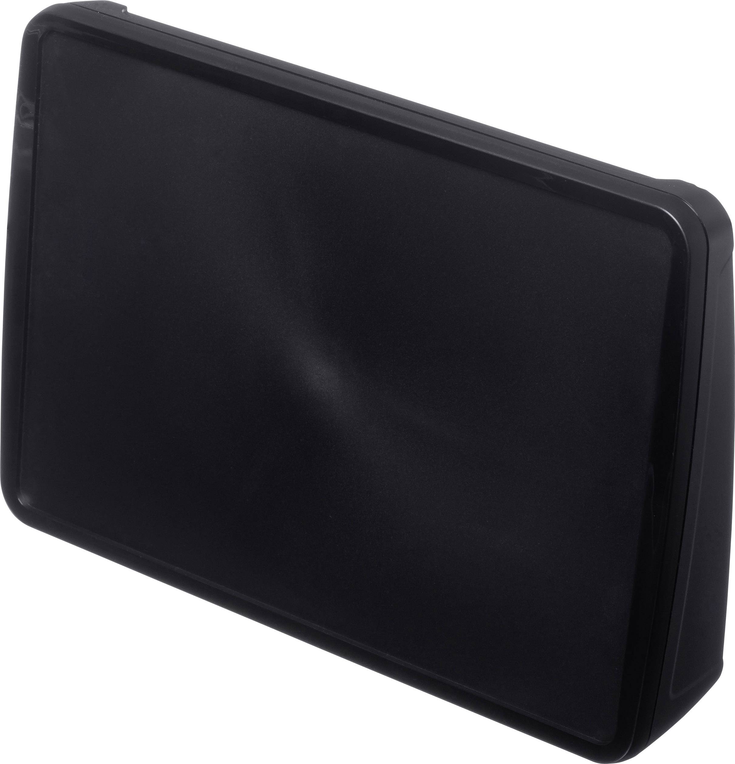 A black plastic enclosure with rounded corners. It appears to be empty and is likely used for electronics.