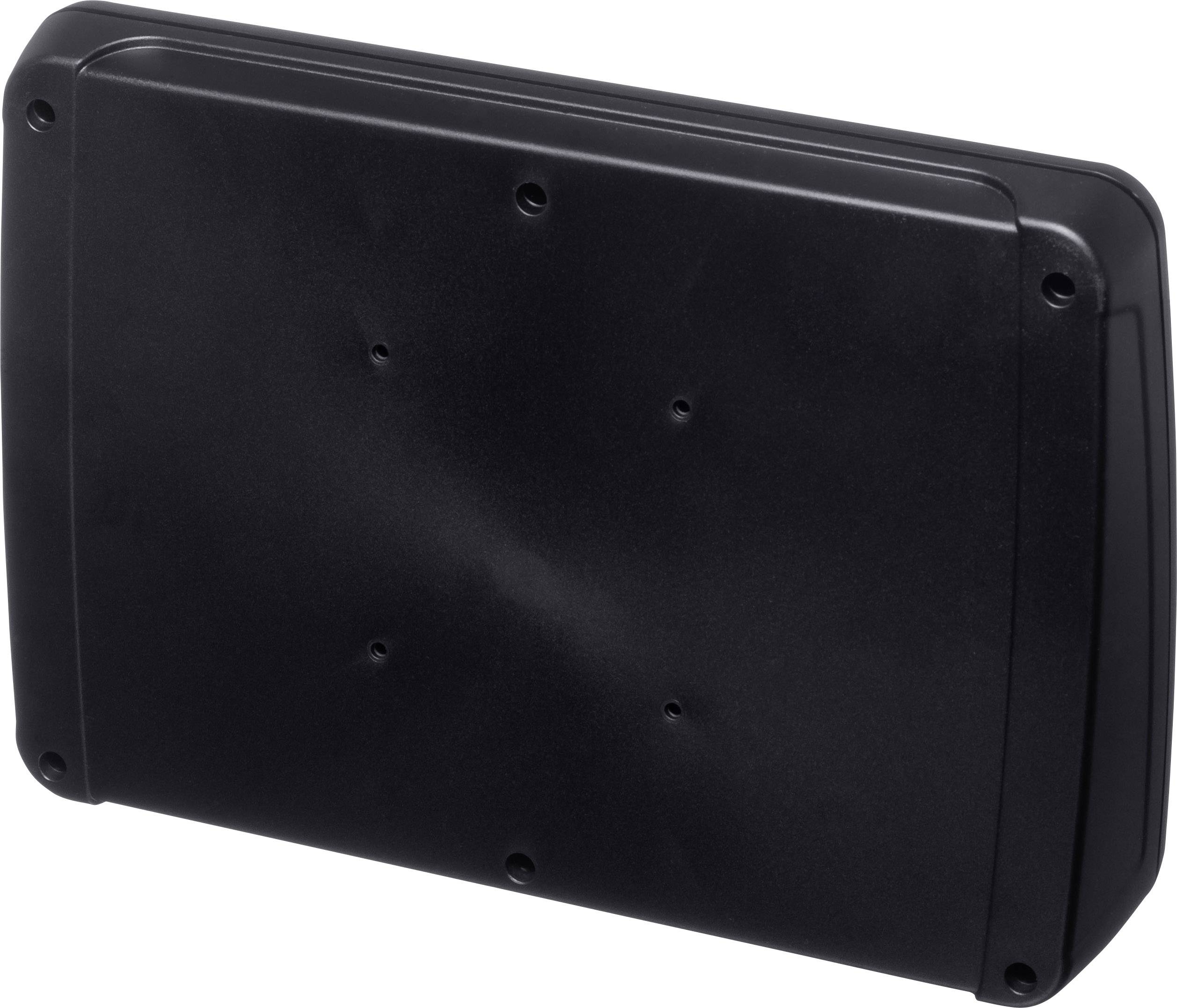 Black, rectangular plastic casing with rounded corners and multiple screw points on the top surface.