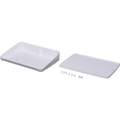 White plastic junction box, rectangular, with removable lid. Screws and wall plugs are placed beside it.