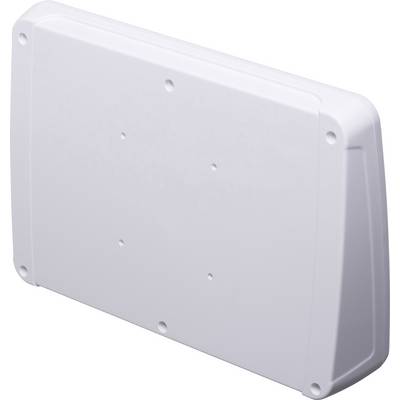 A white, rectangular plastic enclosure with rounded corners and multiple screw points on the front face.