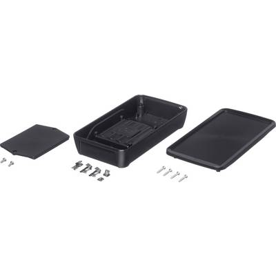 A black rectangular enclosure consisting of several components: base, lid, internal plate, and small mounting screws.