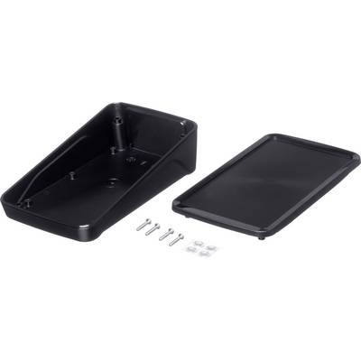 An open black plastic enclosure with a removable lid, screws, and rubber feet, suitable for electronic devices.