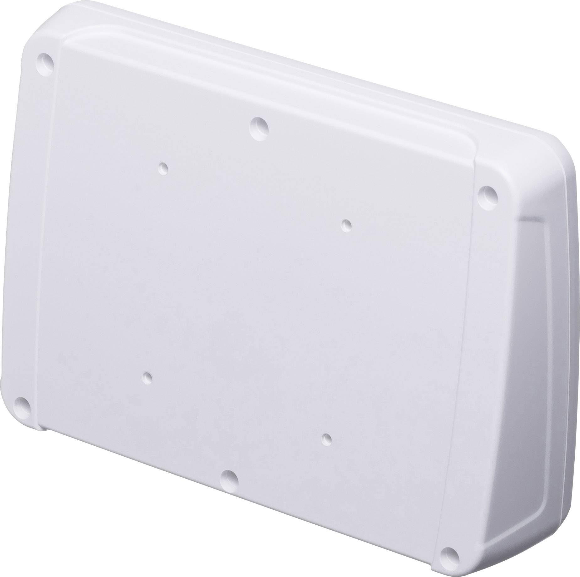 Grey, rectangular plastic enclosure with rounded corners and several small holes on the sides.