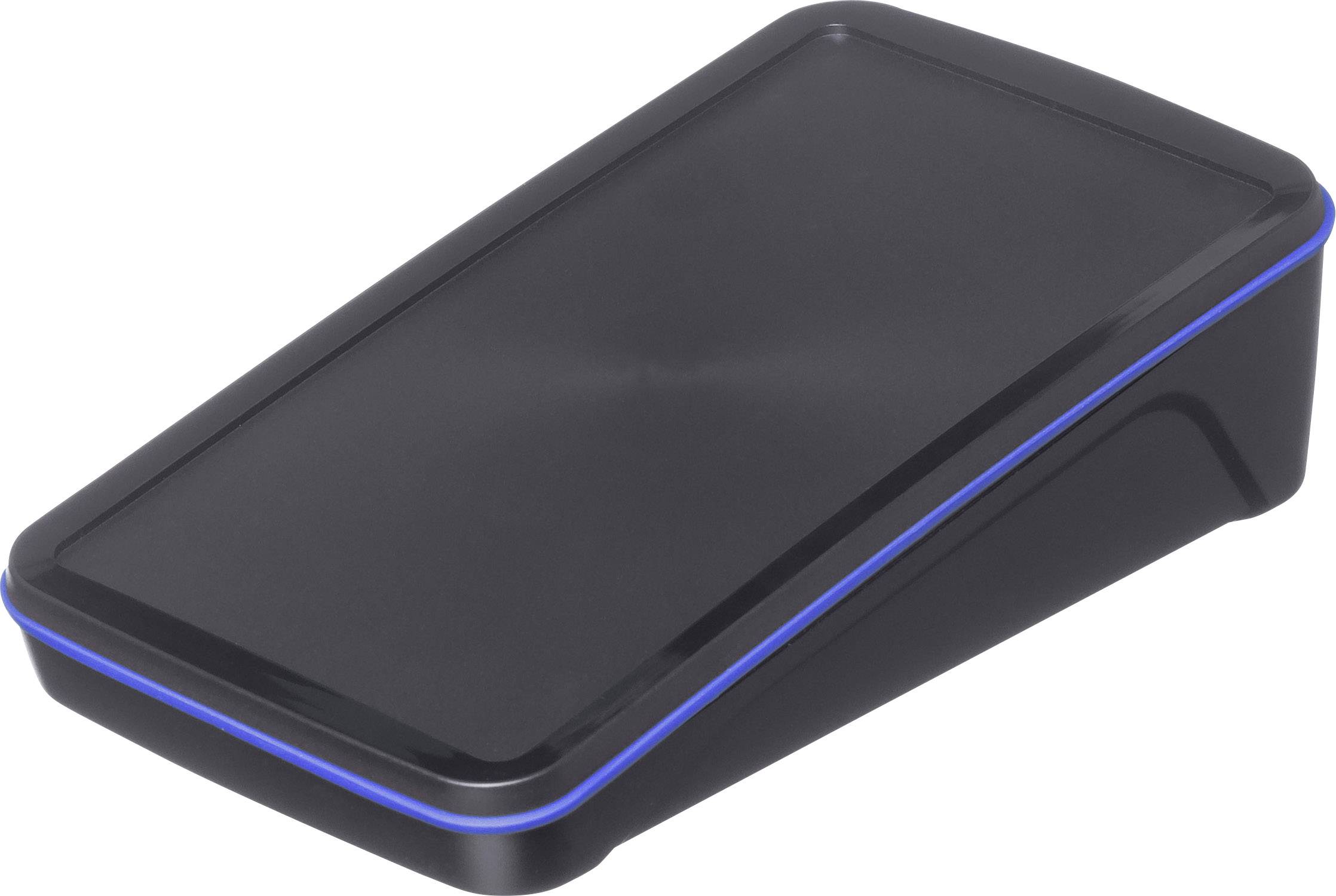 A black device with a blue LED strip, which is flat and rectangular. Possibly a charging station or RFID reader.