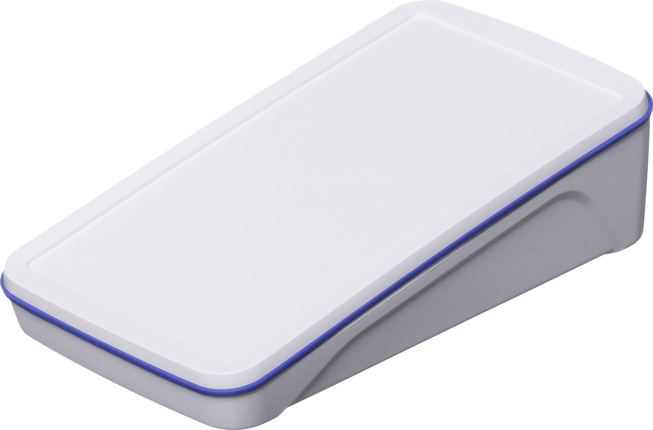 A rectangular, white lid with a blue border, possibly for a box or container.