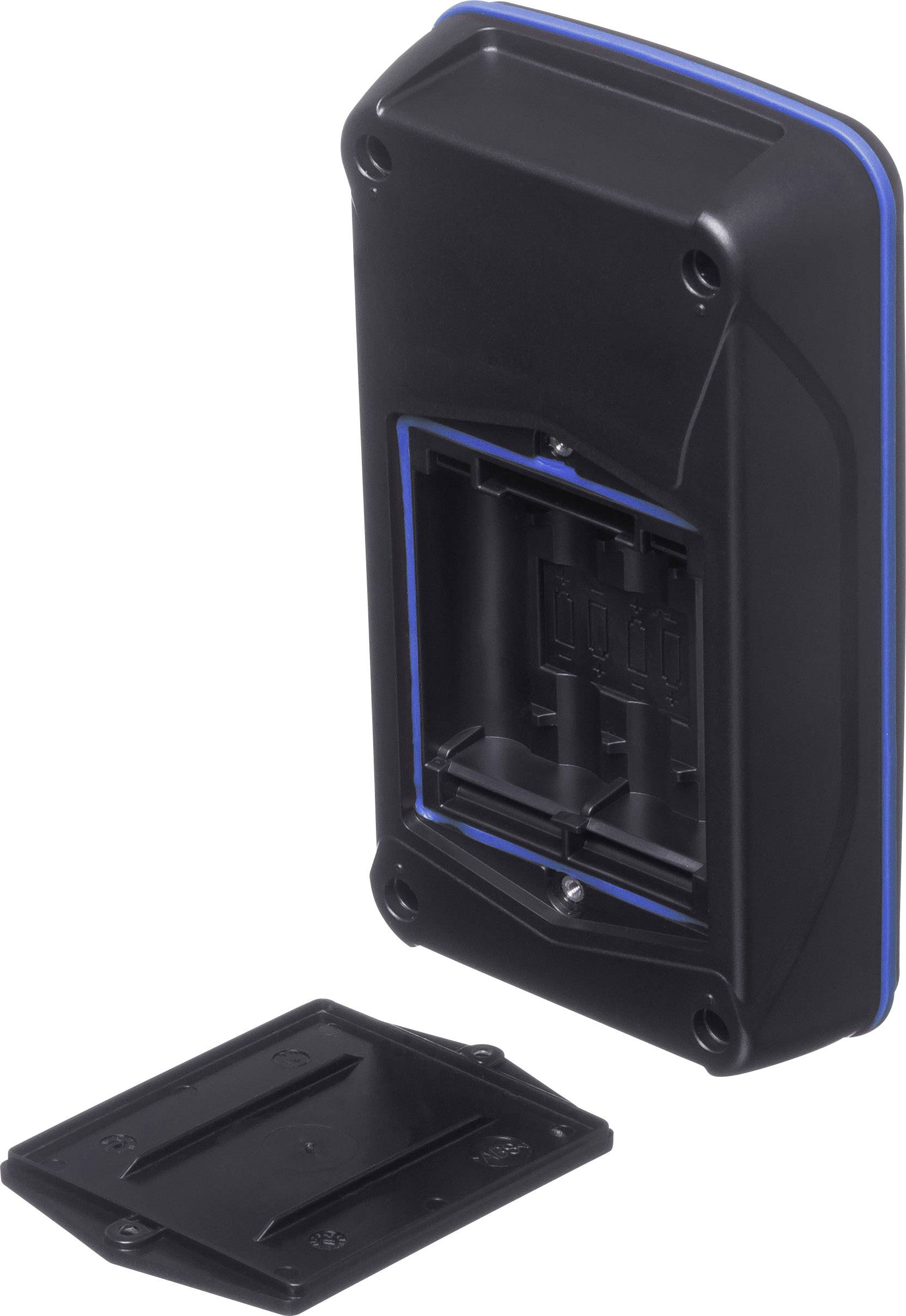 Rear view of a black device with an open battery cover, lid removed to the side, with a blue line along the edges.