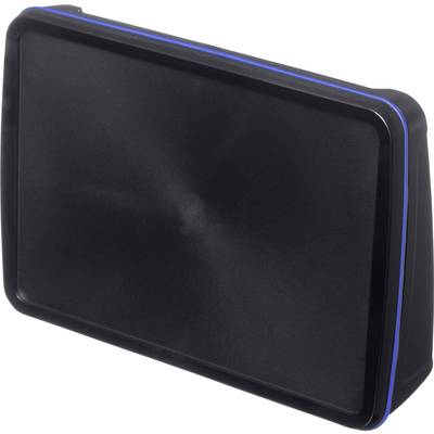 A black, rectangular housing with a blue border.