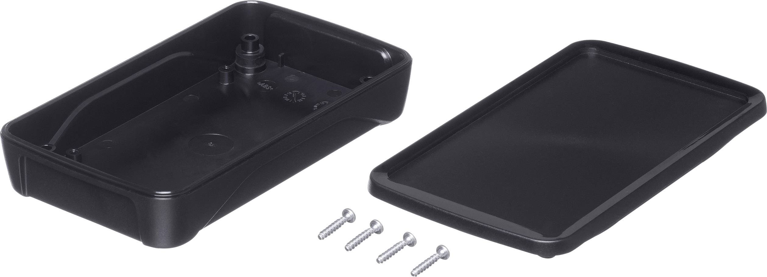 Black rectangular enclosure with a removable lid and four screws, suitable for housing electronic components.