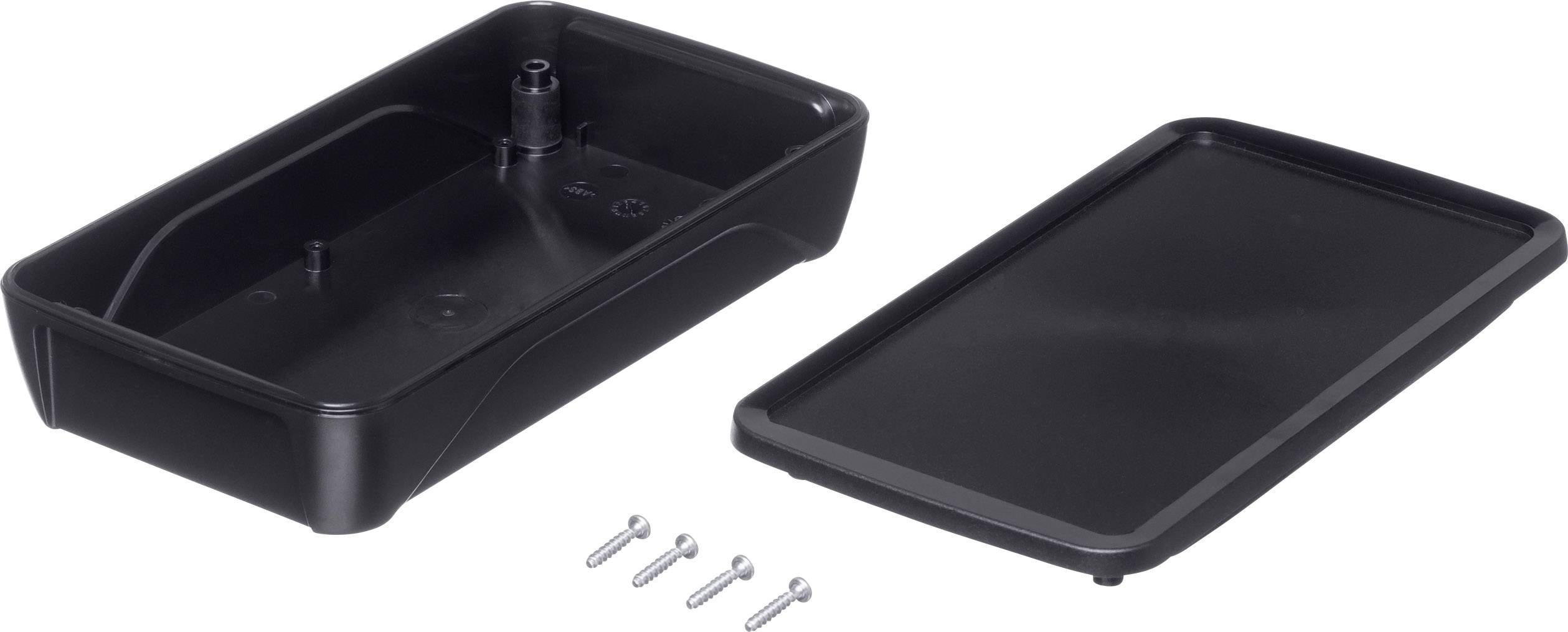 Black rectangular plastic container with a removable lid and four silver screws, suitable for installations or storage.