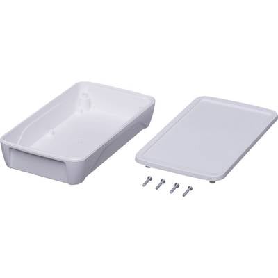 A white, rectangular plastic housing with a lid, shown open, with four screws for sealing or mounting nearby.