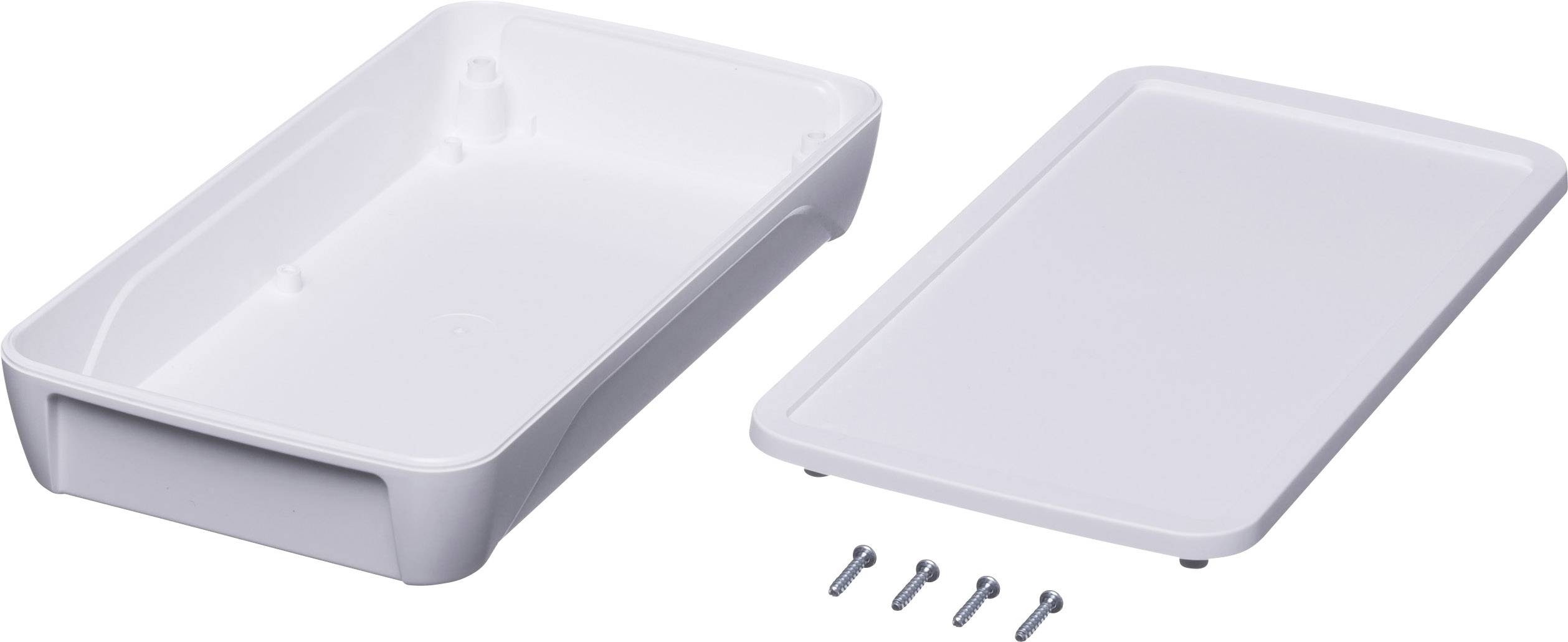 A white rectangular enclosure with its lid removed and four screws in front, possibly for electronic devices.