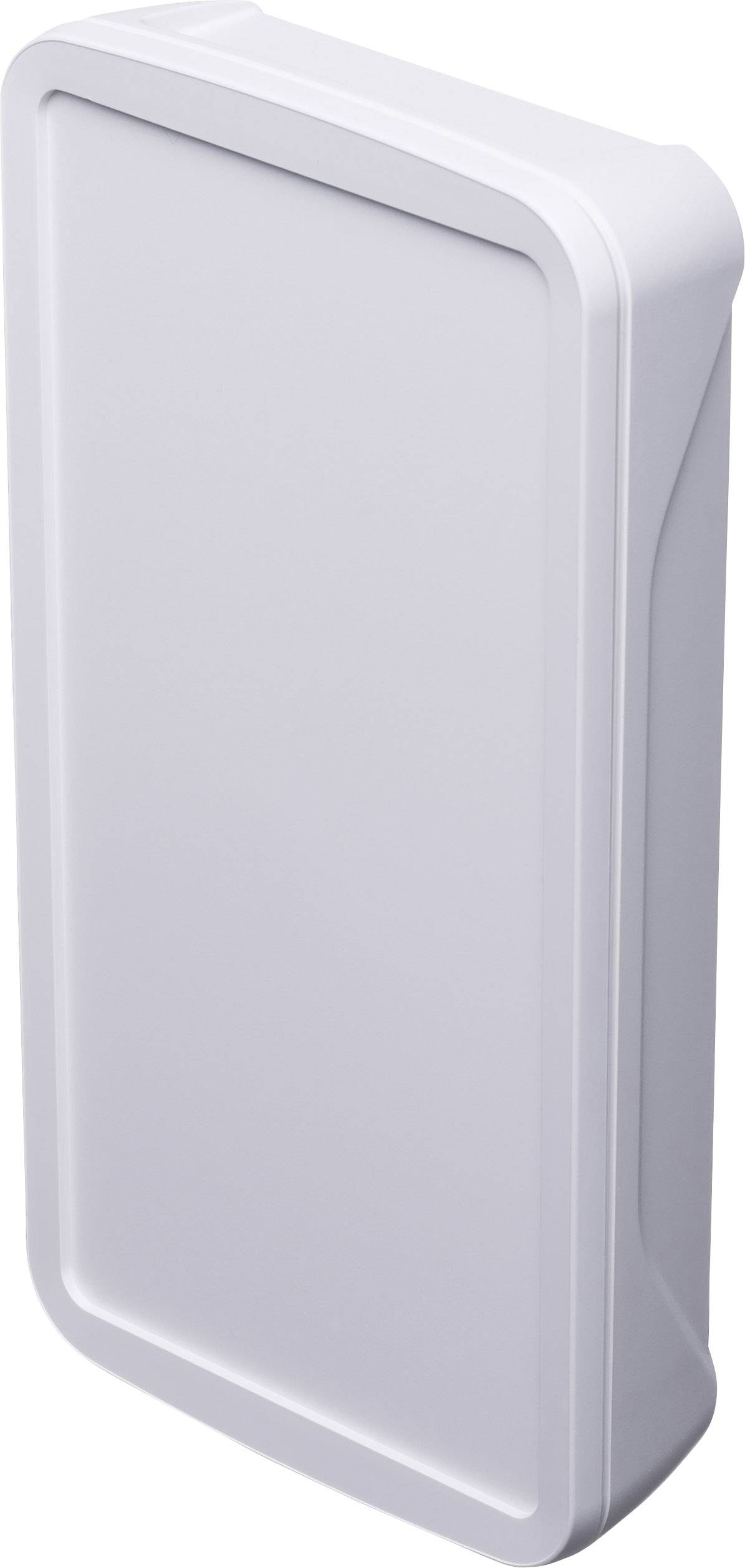 A rectangular, white casing with rounded corners and a slim frame, likely a technical device or enclosure.