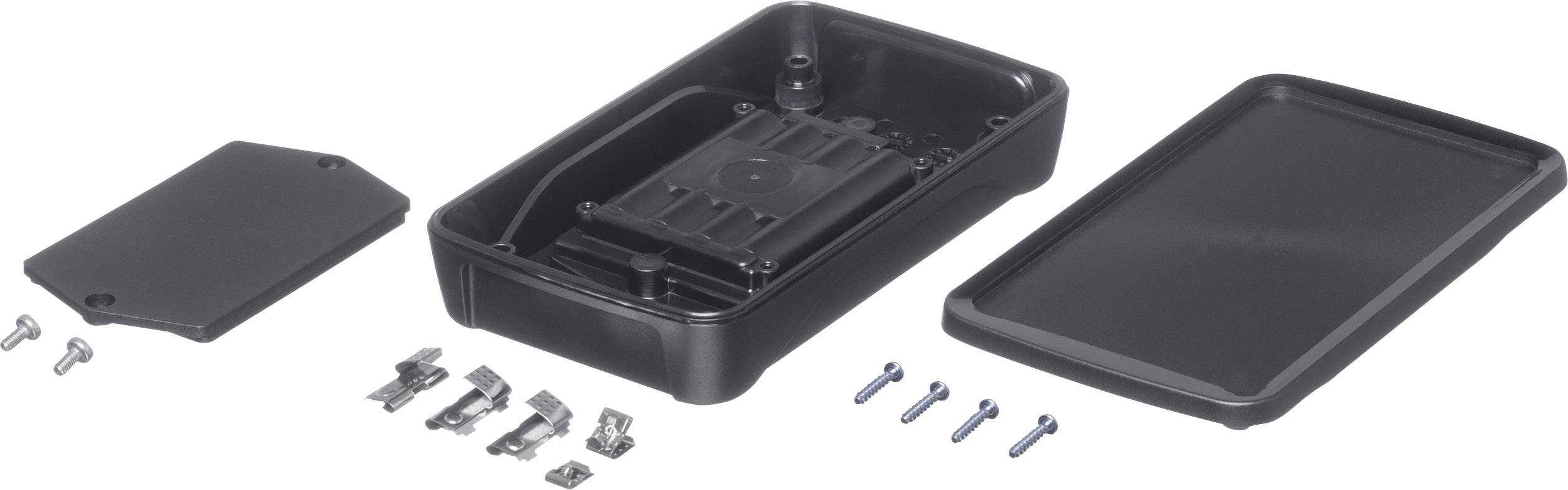 A black enclosure set with screws and mounting brackets, comprising a main housing, lid, and mounting accessories.
