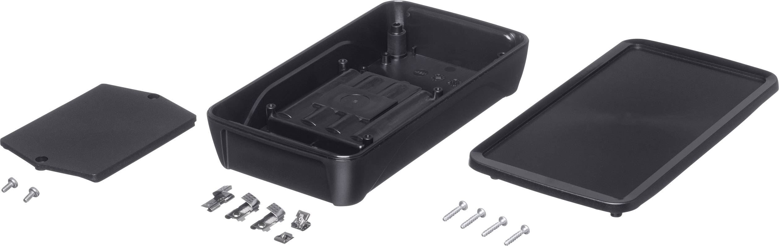 A rectangular, black enclosure box in three parts, with mounting screws. Components are designed for electronic projects.<br><br>Note: This translation maintains the original meaning and structure while using British English terminology and phrasing.