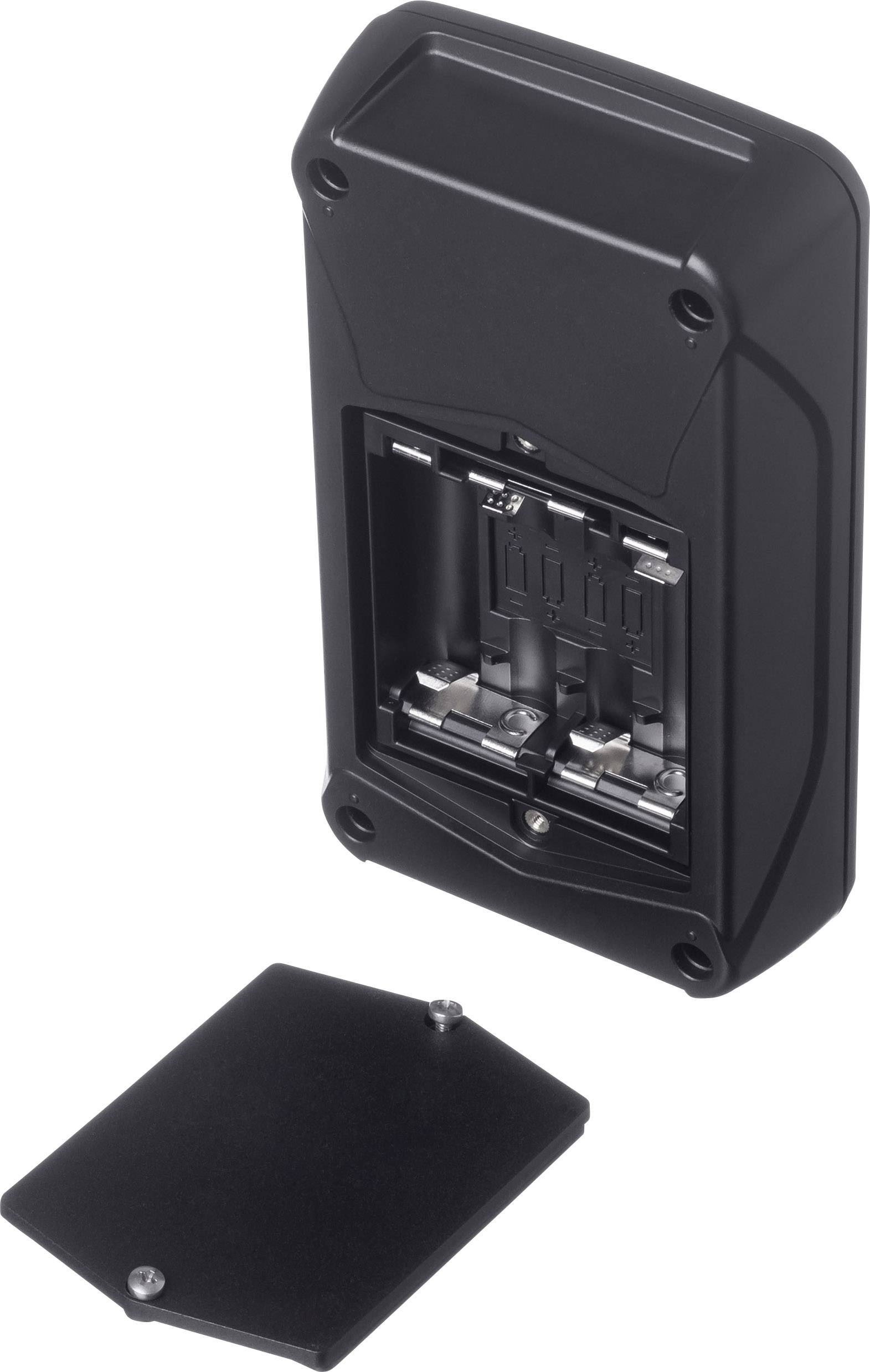 A black, rectangular battery holder with an open battery compartment for two AA batteries, with its cover lying beside it.